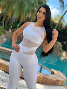White Relieved Mesh Jumpsuit