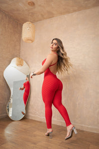 Glam Front Cross Bubble Textured Jumpsuit ( Red )