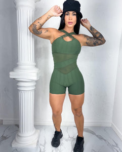 Militar Green Summer Mesh Wallpaper Short Jumpsuit