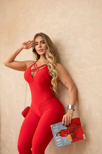 Glam Front Cross Bubble Textured Jumpsuit ( Red )