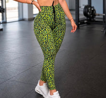 Neon Green Lazed Aqua Leopard Leggings (Back Pockets)