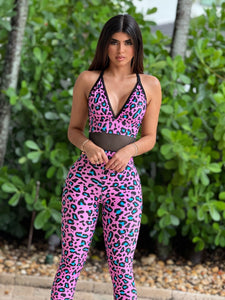 Hot Aqua Mesh Leopard Jumpsuit (Pink)