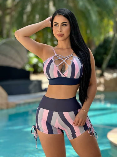 Thick Stripped Shorts Set (Pink Navy)