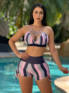 Thick Stripped Shorts Set (Pink Navy)
