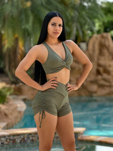 Bow Pockets Shorts Set (Military Green)