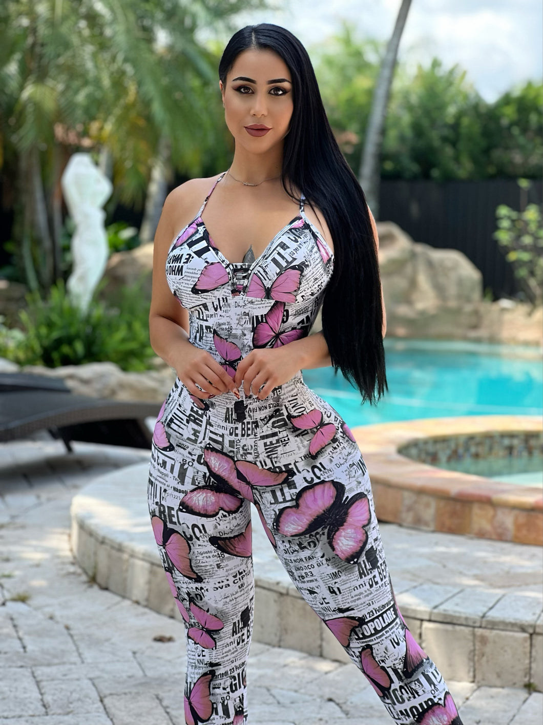 Newspaper Butterfly Jumpsuit (Pink)