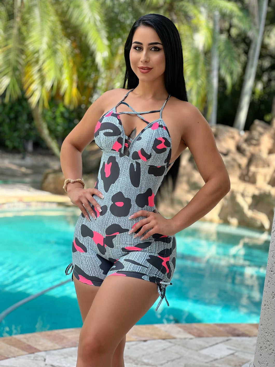 Semi Jeans Pink Leopard Short Jumpsuit