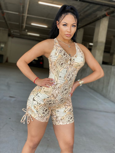 Brown Newspaper Short Jumpsuit